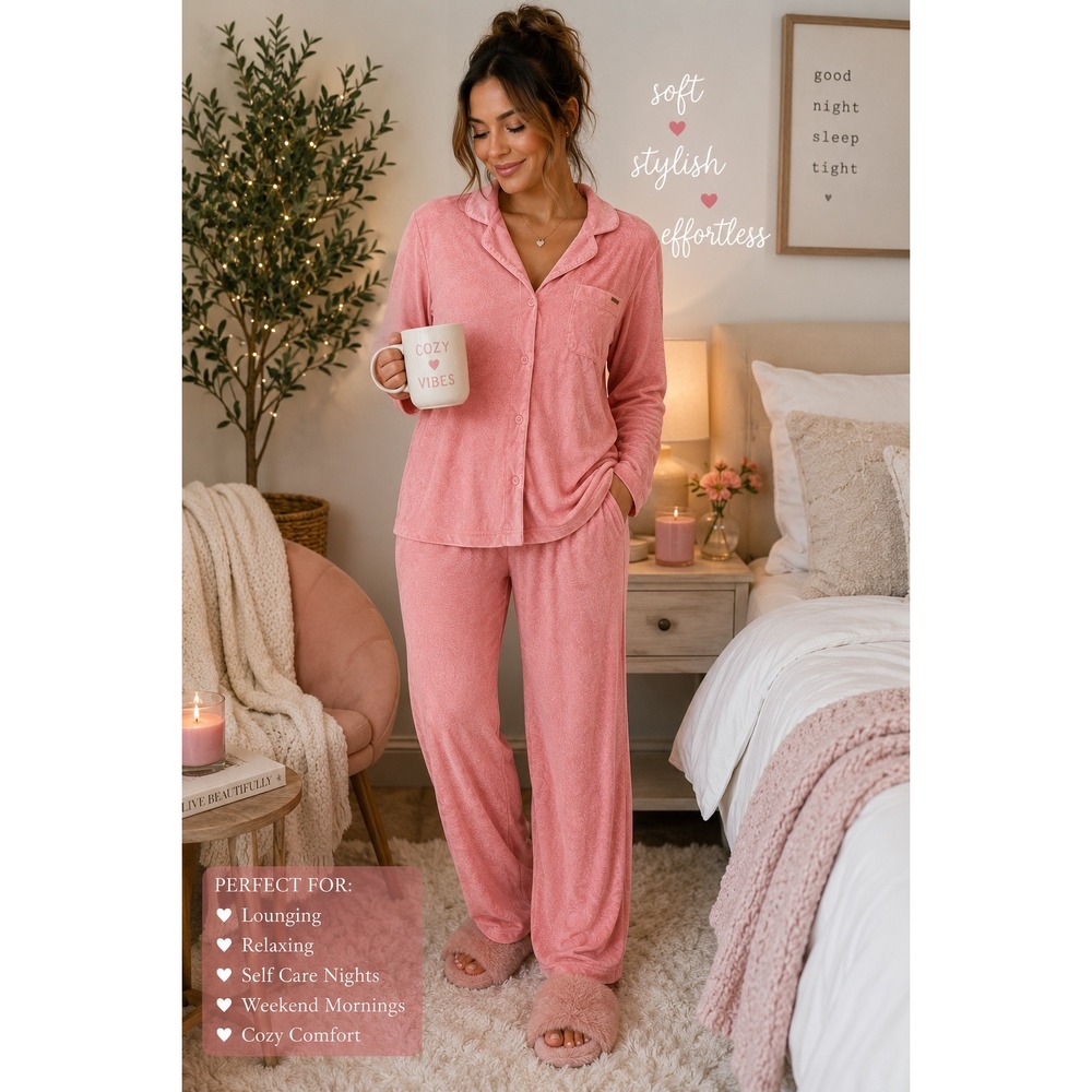 Tahari Women's Large Pink Velour Pajama Set Paisley Y2K Cozy Loungewear
